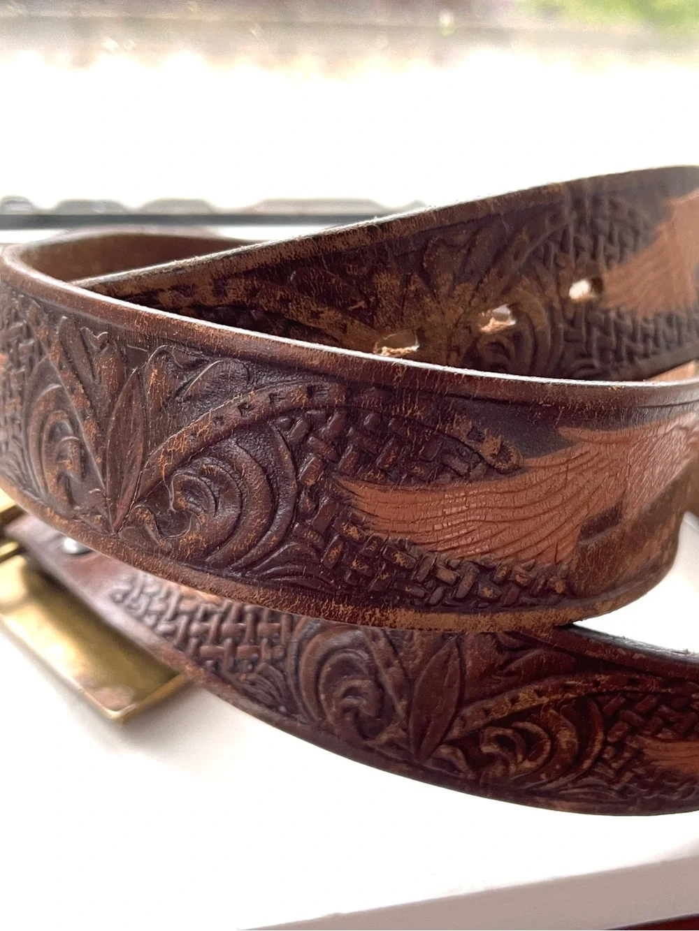 FOE Men’s Western Belt size 38 Brown Leather Belt with Brass Buckle